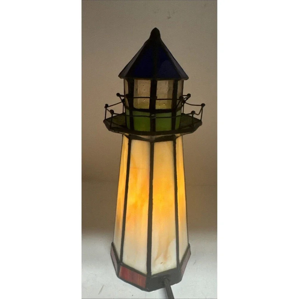 Tiffany Style Stained Slag Glass Lighthouse Accent Lamp Beach Shore WORKS